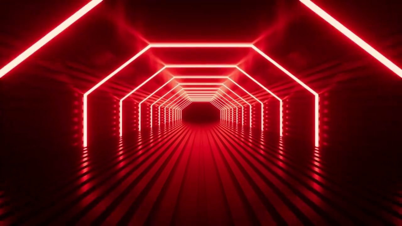 红色霓虹光线隧道3D渲染视频素材
