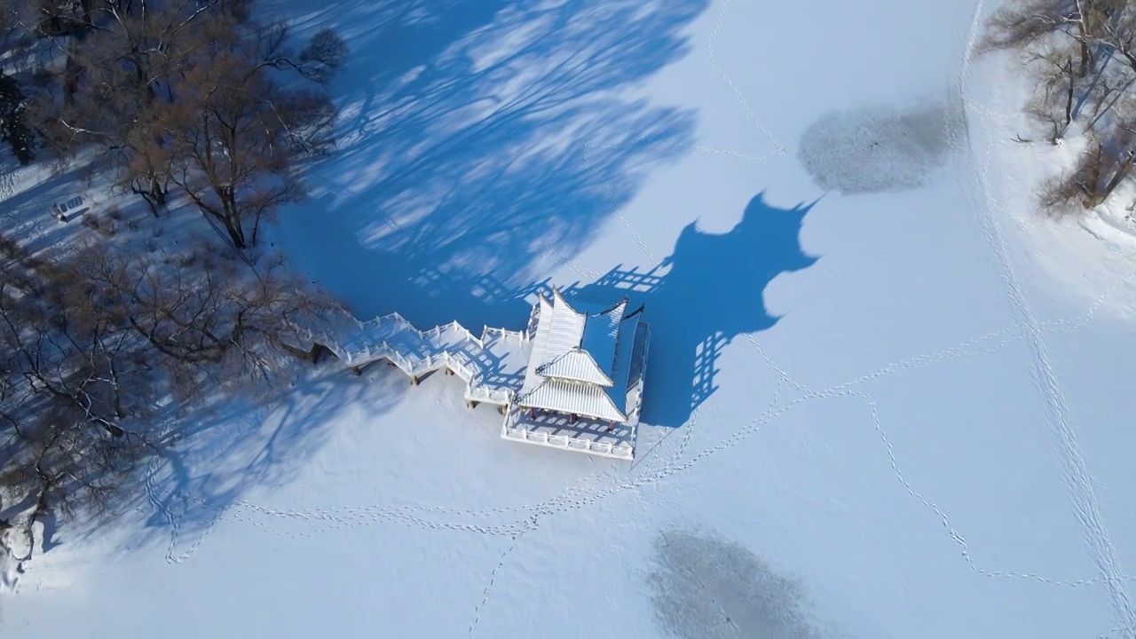 黑龙江省齐齐哈尔市龙沙公园碧云阁雪景鸟瞰，航拍雪后古典建筑视频下载