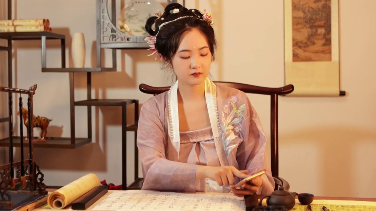 亚洲汉服美女练习书法视频下载