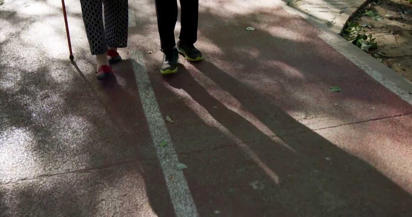 傍晚老年夫妇拄着拐杖在公园散步视频素材