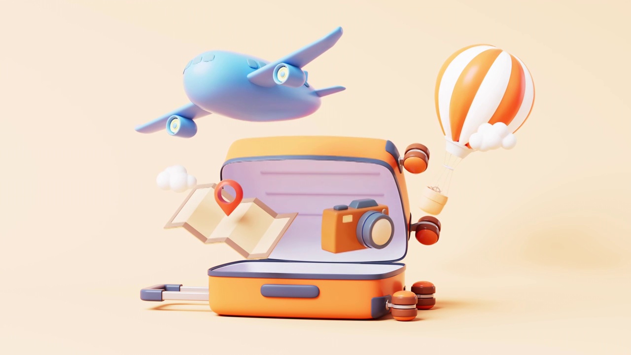卡通行李箱与旅行主题循环动画3D渲染视频下载