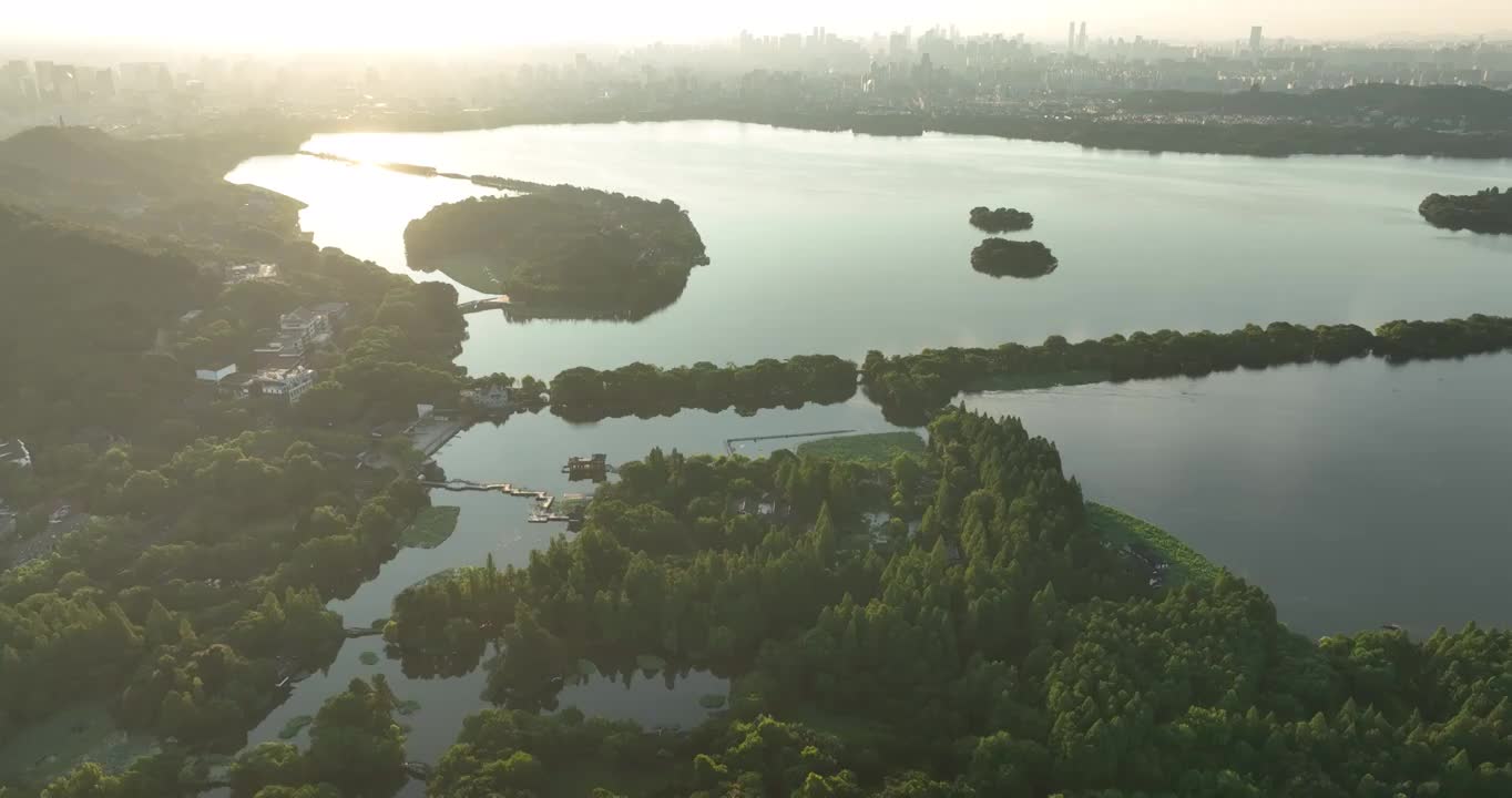 航拍杭州西湖日出风光视频素材