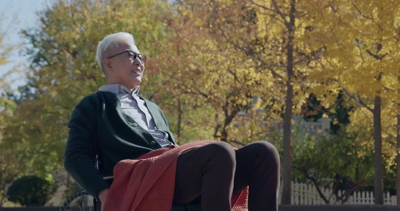 坐轮椅的老年人在户外看风景视频下载