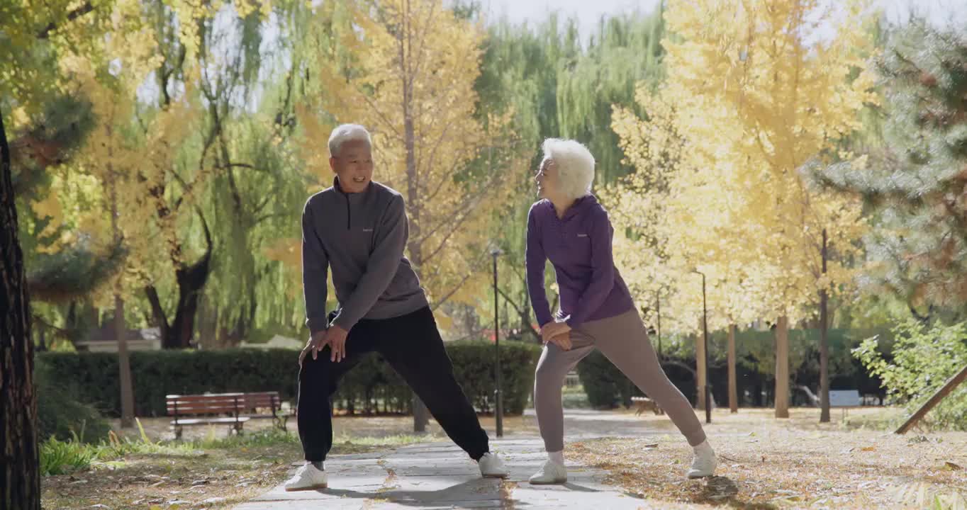 幸福的老年夫妇在公园里锻炼身体视频素材