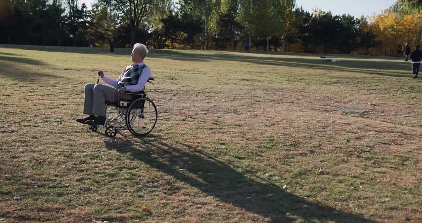 坐轮椅的老年人在户外看风景视频素材