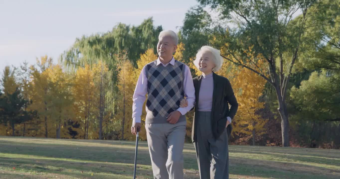 老年夫妇相互搀扶着在公园里散步视频下载