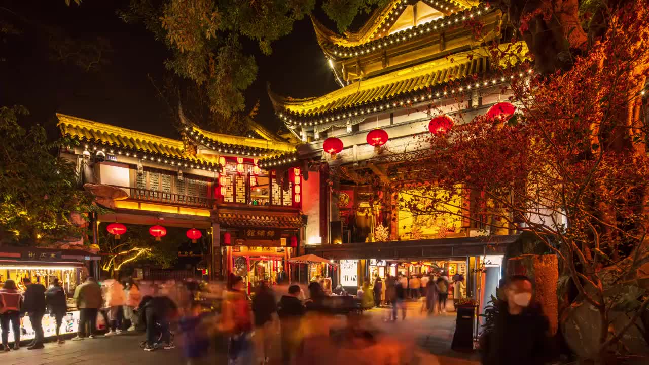四川成都市锦里古街古戏台夜景延时摄影视频素材