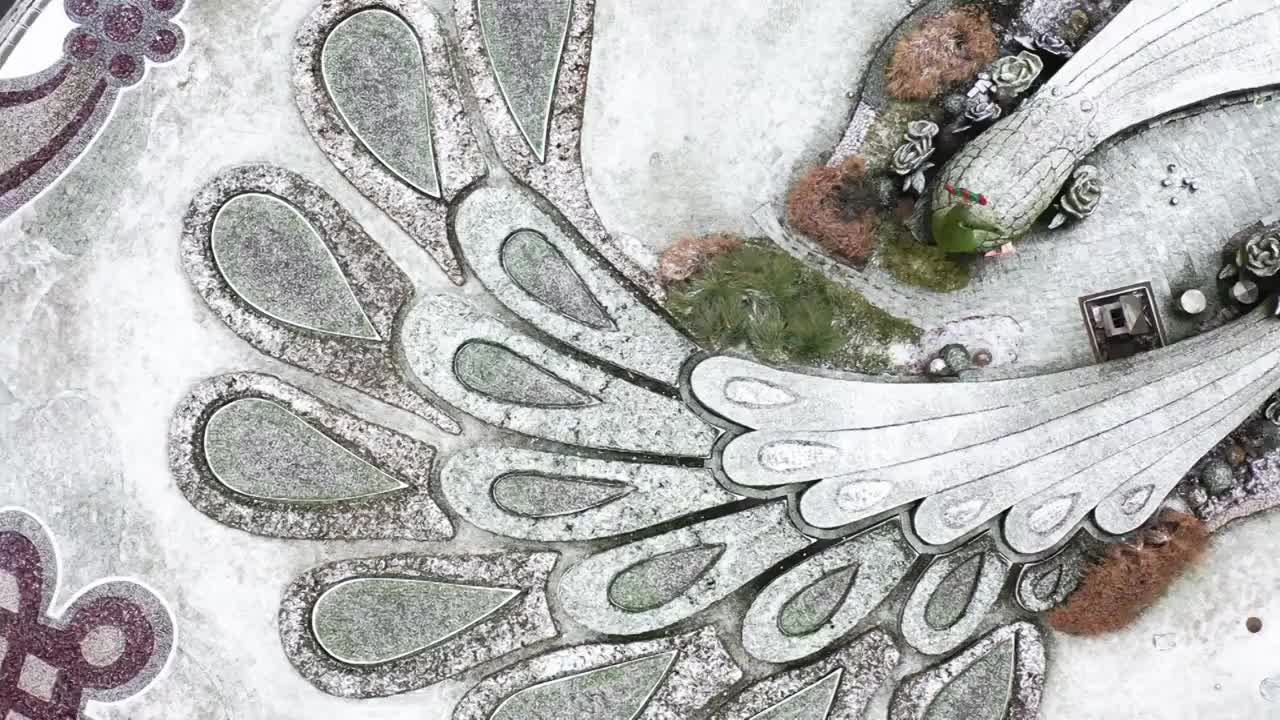 雪中的南京鼓楼广场孔雀绿植雕塑视频下载