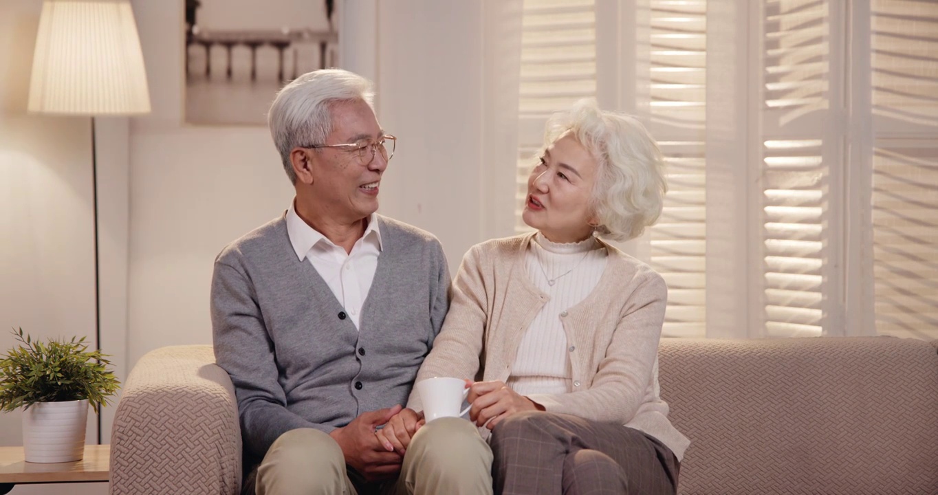幸福的老年夫妇坐在沙发上聊天视频下载