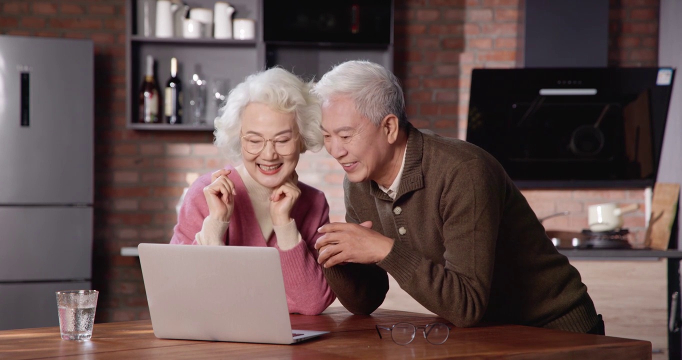 老年夫妇在家使用笔记本电脑视频下载