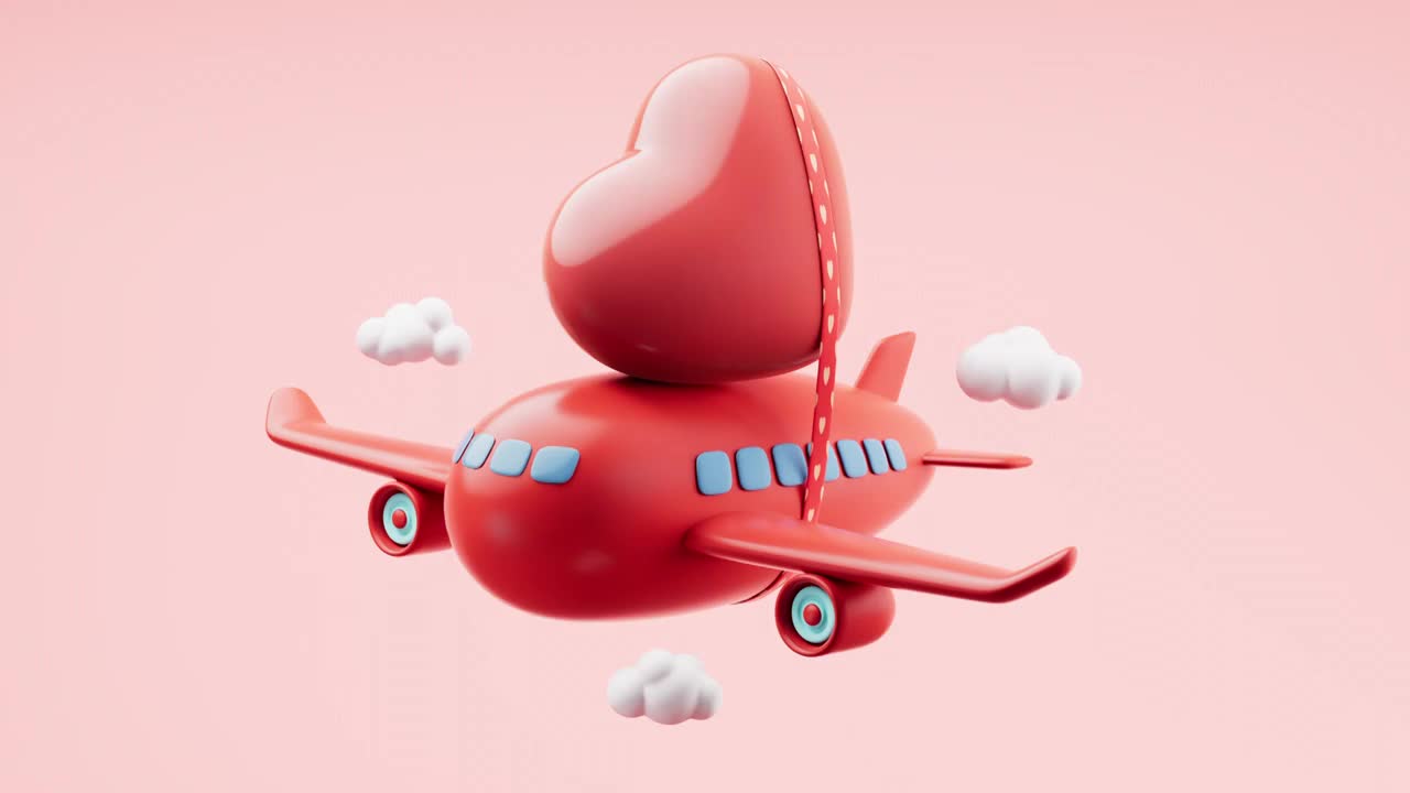 卡通风格爱心与飞机循环动画3D渲染视频购买