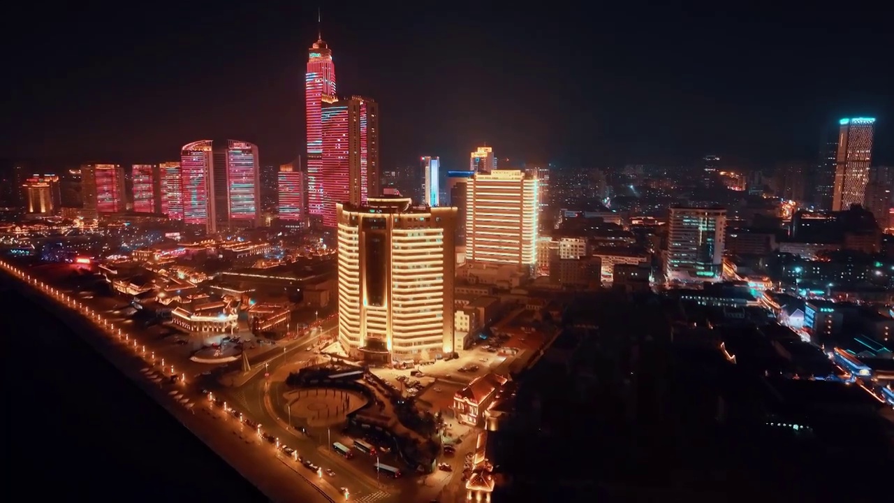 山东烟台城市夜景灯光秀航拍视频下载