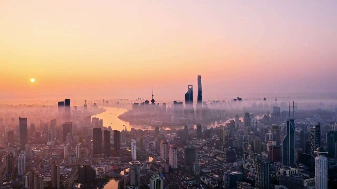航拍上海城市建筑风光日出平流雾视频下载