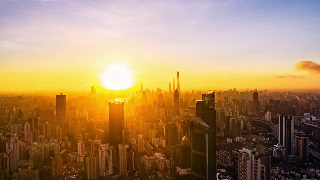 航拍上海城市建筑风光日出火烧云视频下载
