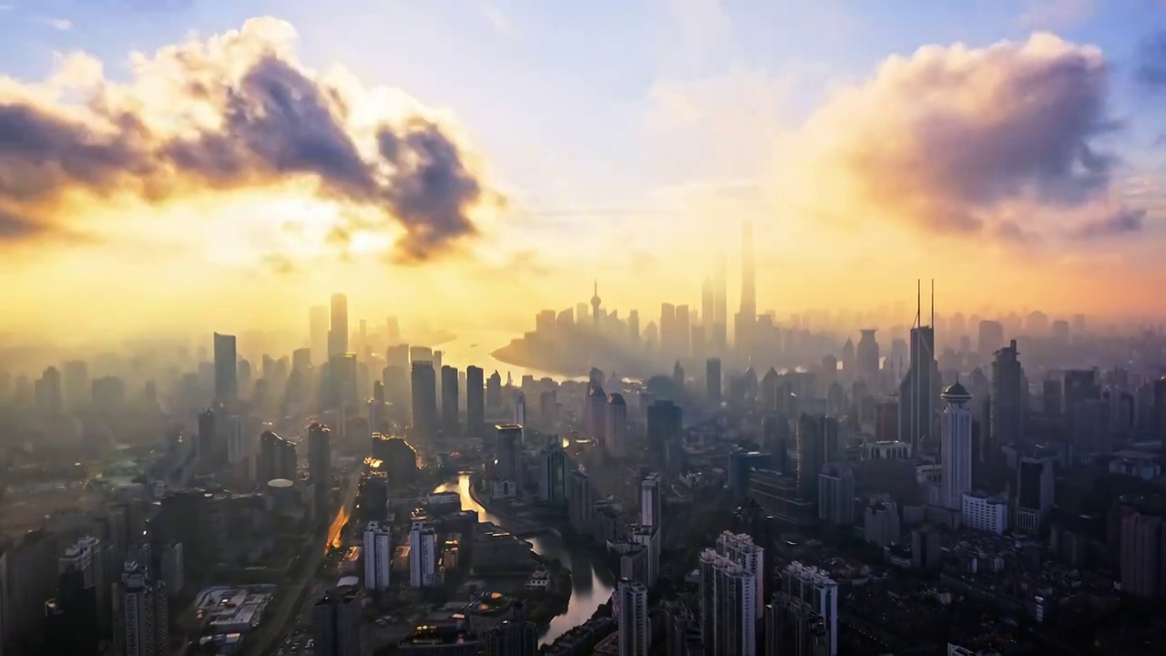 航拍上海城市建筑风光日出火烧云视频下载