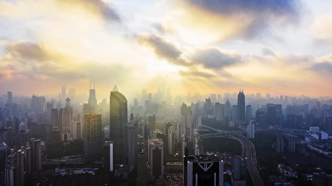 航拍上海城市建筑风光耶稣光视频下载