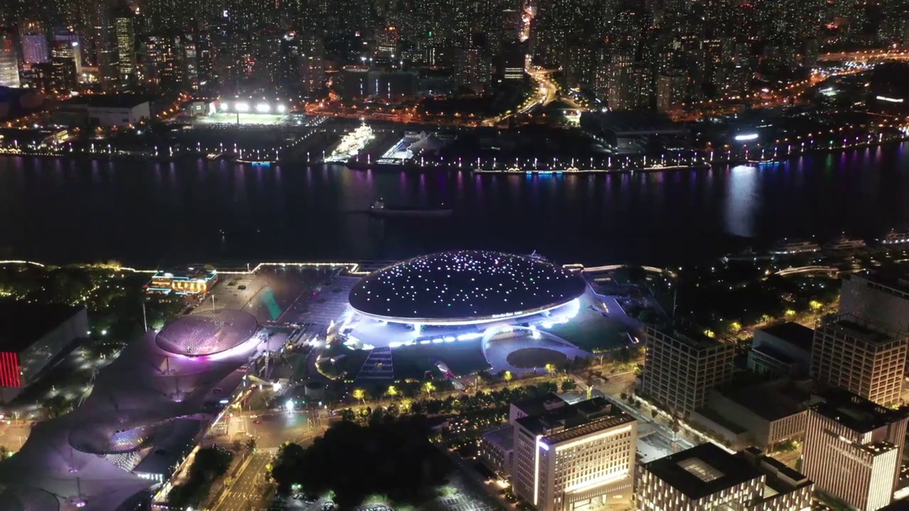 航拍上海中华艺术宫城市建筑夜景视频下载