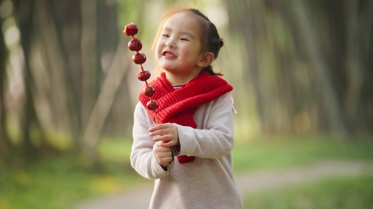 小女孩毛衣红围脖公园里吃糖葫芦新年快乐视频素材