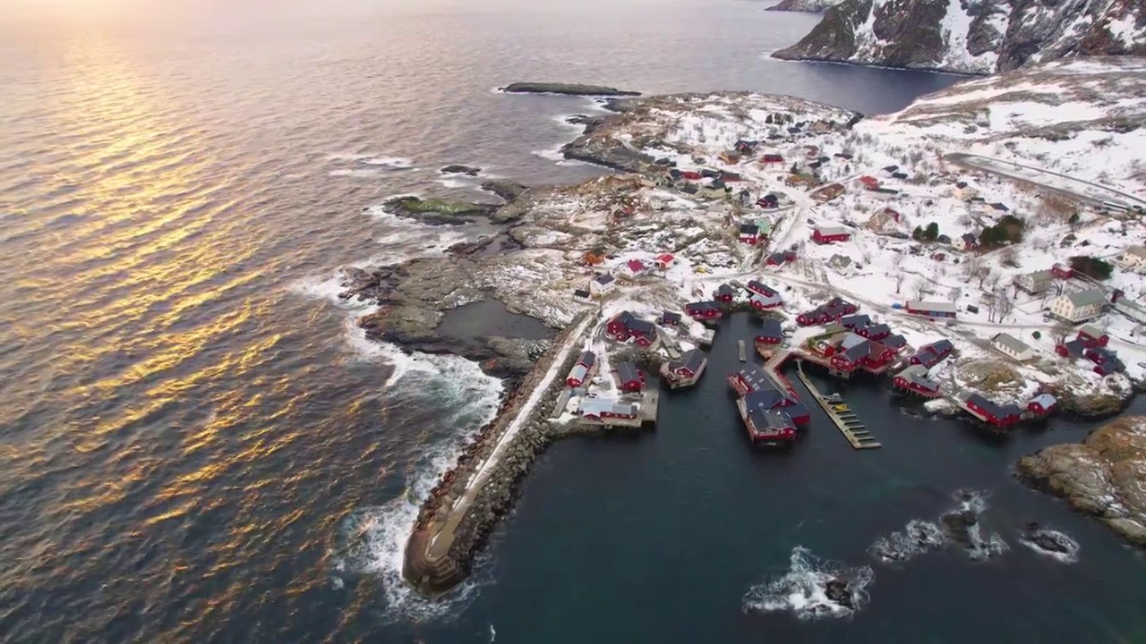 挪威罗弗敦群岛奥镇冬季航拍视频下载