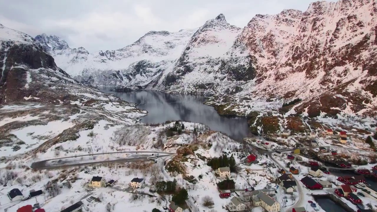 挪威罗弗敦群岛奥镇冬季航拍视频下载