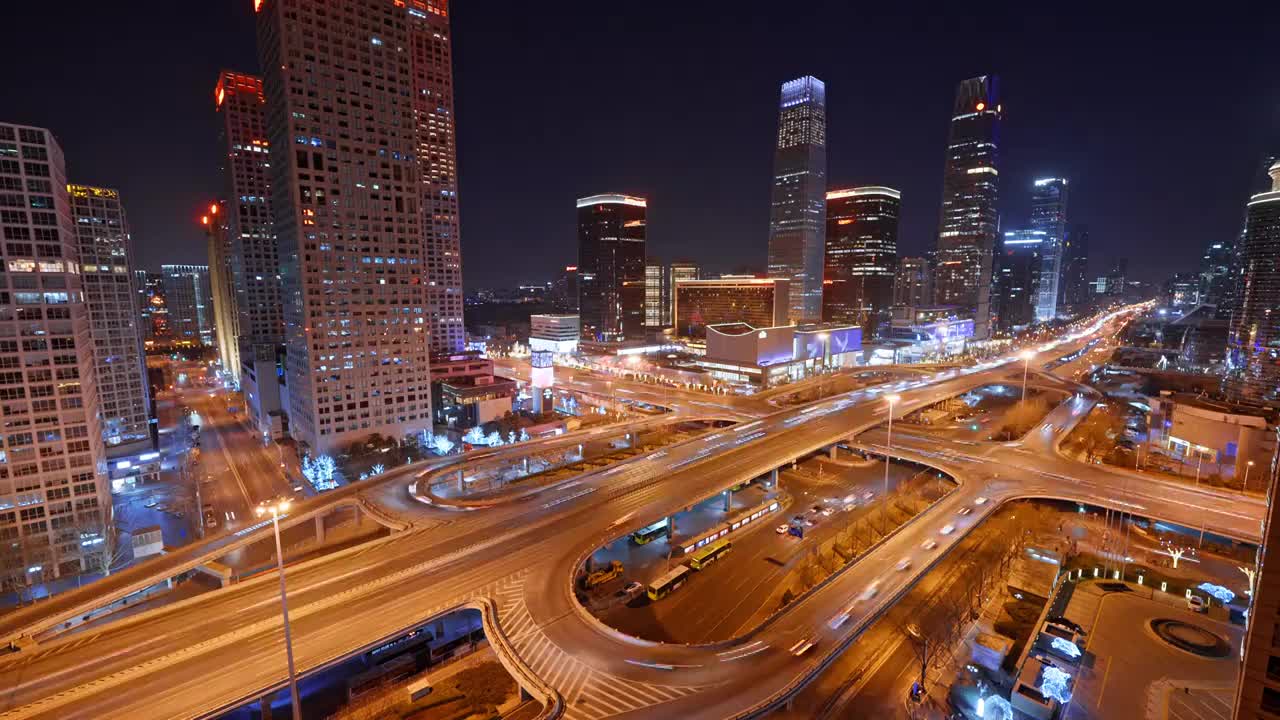 北京国贸CBD立交夜景车流视频素材