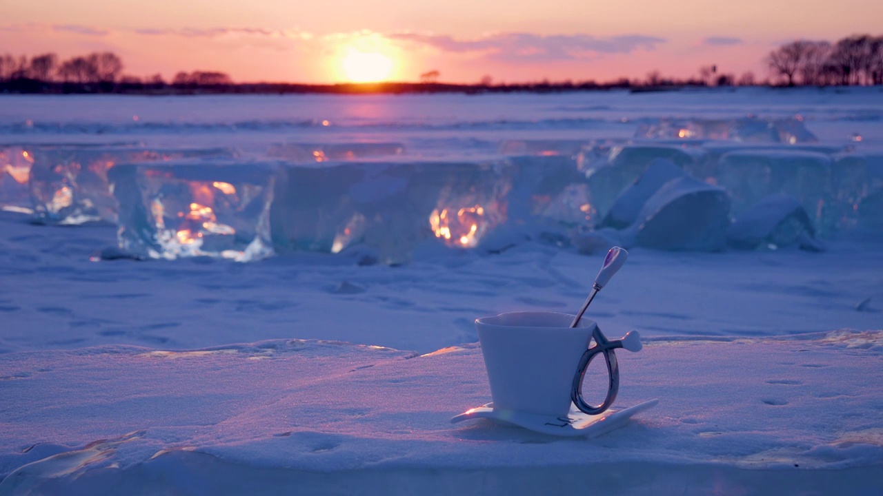 日落时分冰面上的一杯咖啡视频下载