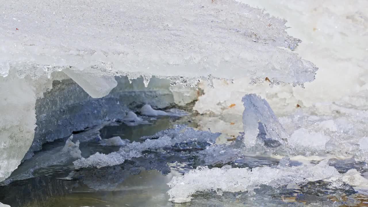 初春冰雪融化河边冰层断裂视频下载