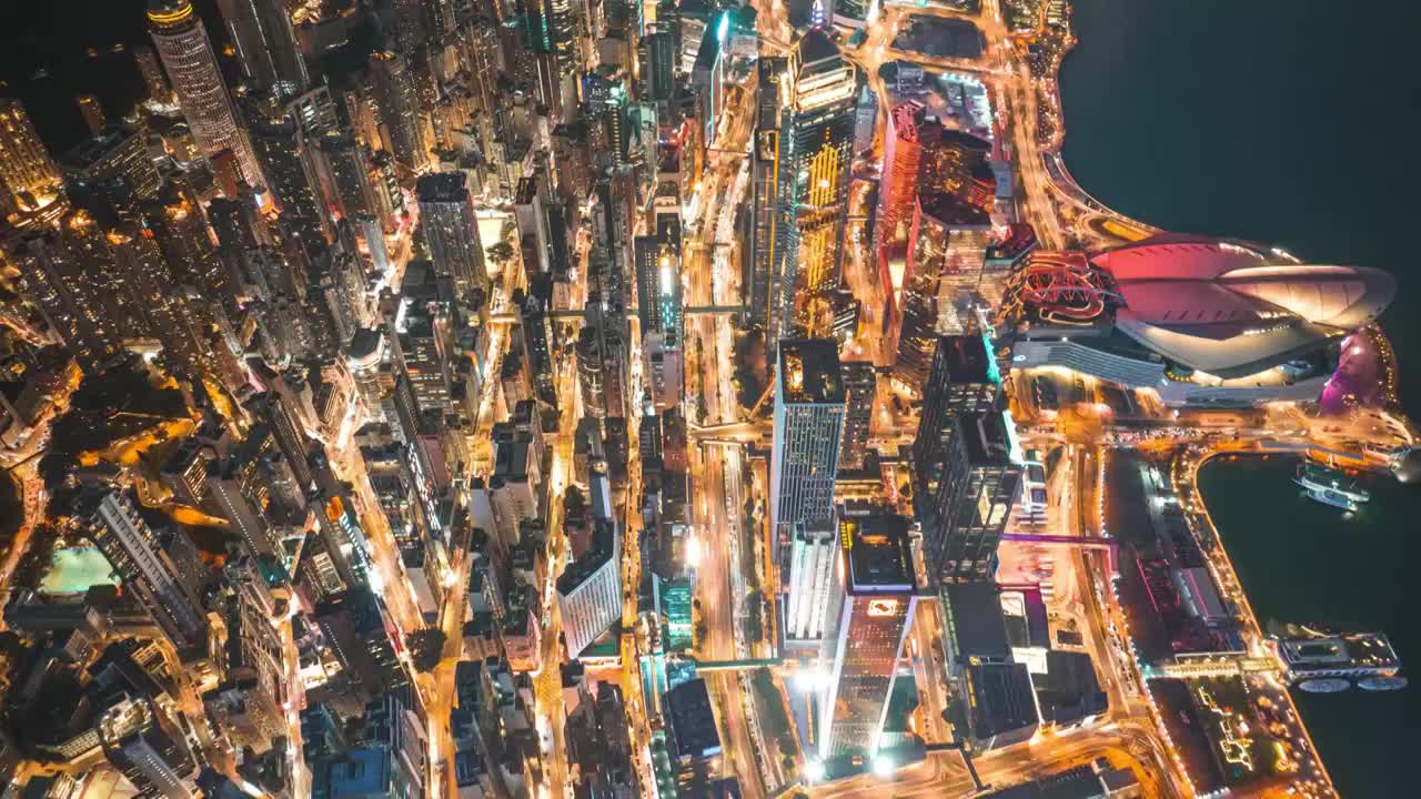 俯瞰香港街道夜景车流航拍延时视频下载
