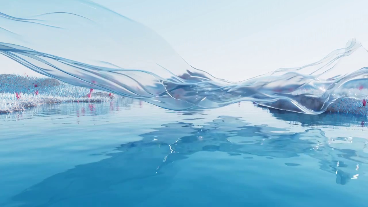 蓝色湖面与流动的透明布料3D渲染视频下载