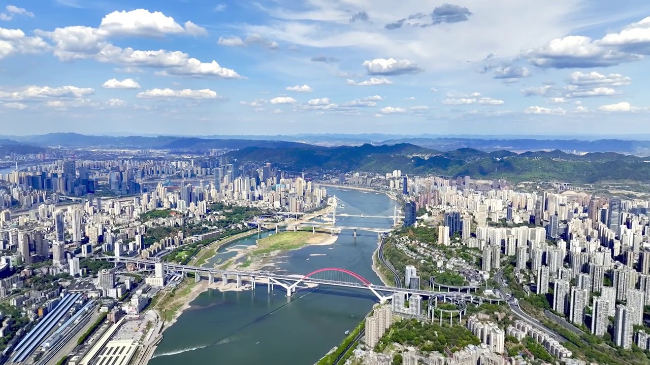 航拍重庆长江大桥都市白昼蓝天白云视频素材