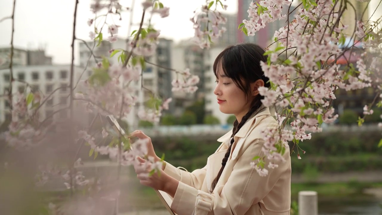 一位美女大学生在春天盛开的樱花树下写生视频下载