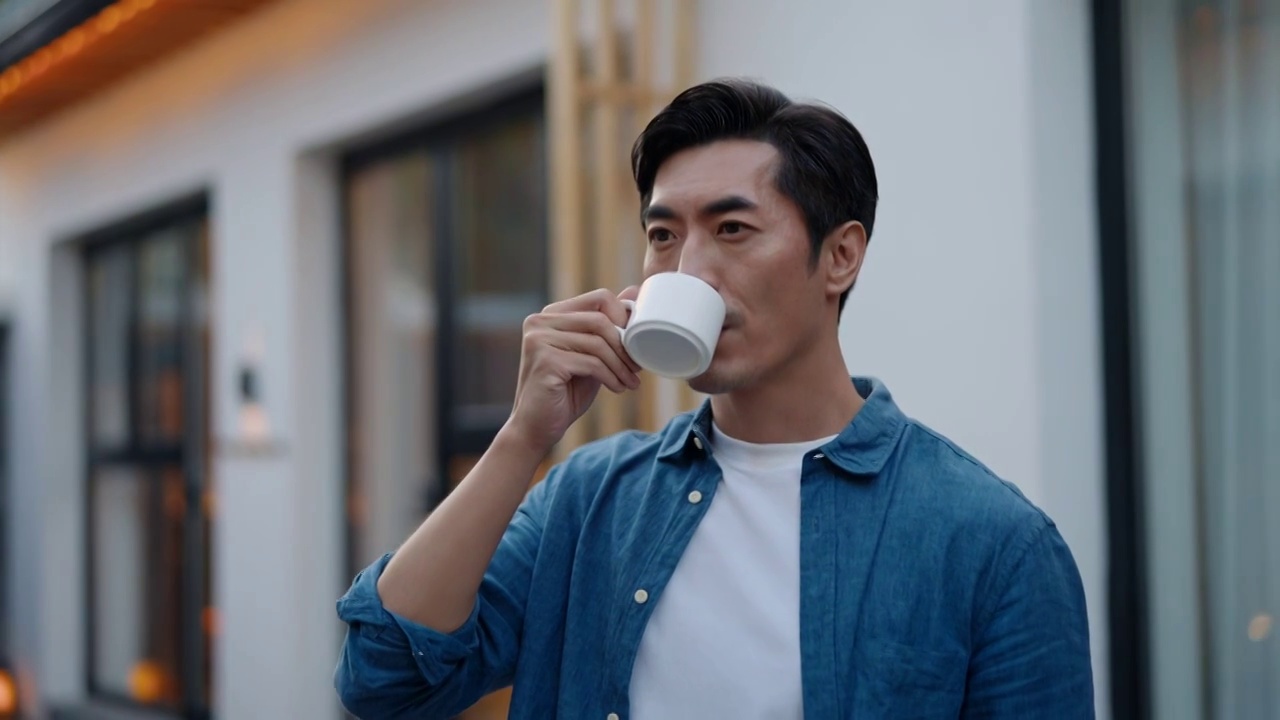 中年男子在院子里喝咖啡视频下载