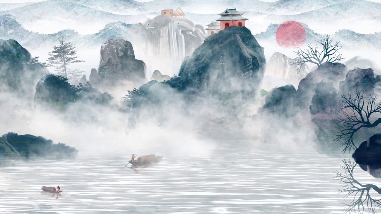 中国山水水墨风日出湖泊船只雾气山岗寺庙动画视频下载