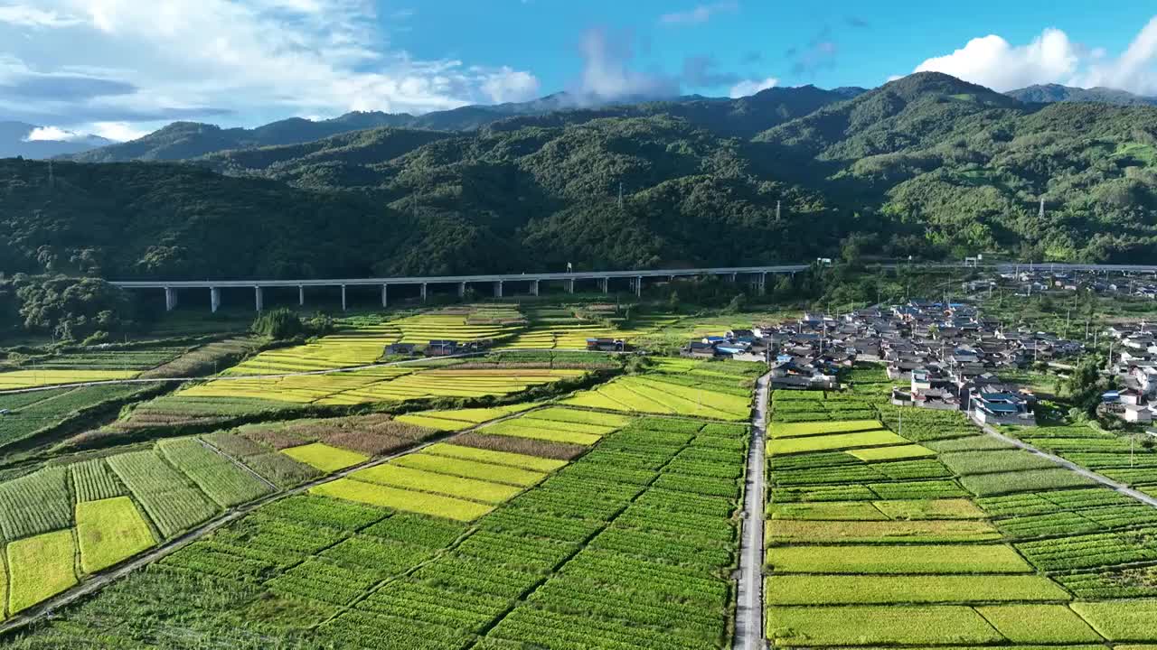 高速公路穿过金秋时节的传统村落视频下载