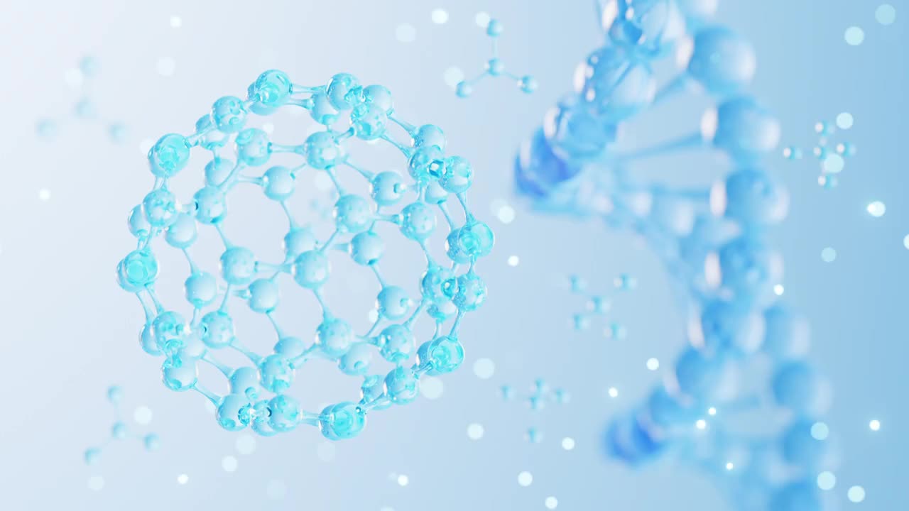 球型分子结构与旋转的DNA动画视频素材