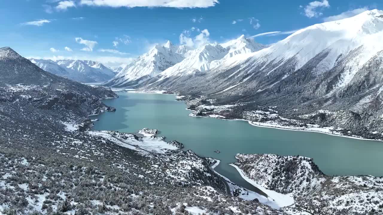 西藏昌都市八宿县然乌湖，雪山，森林的航拍风光视频素材