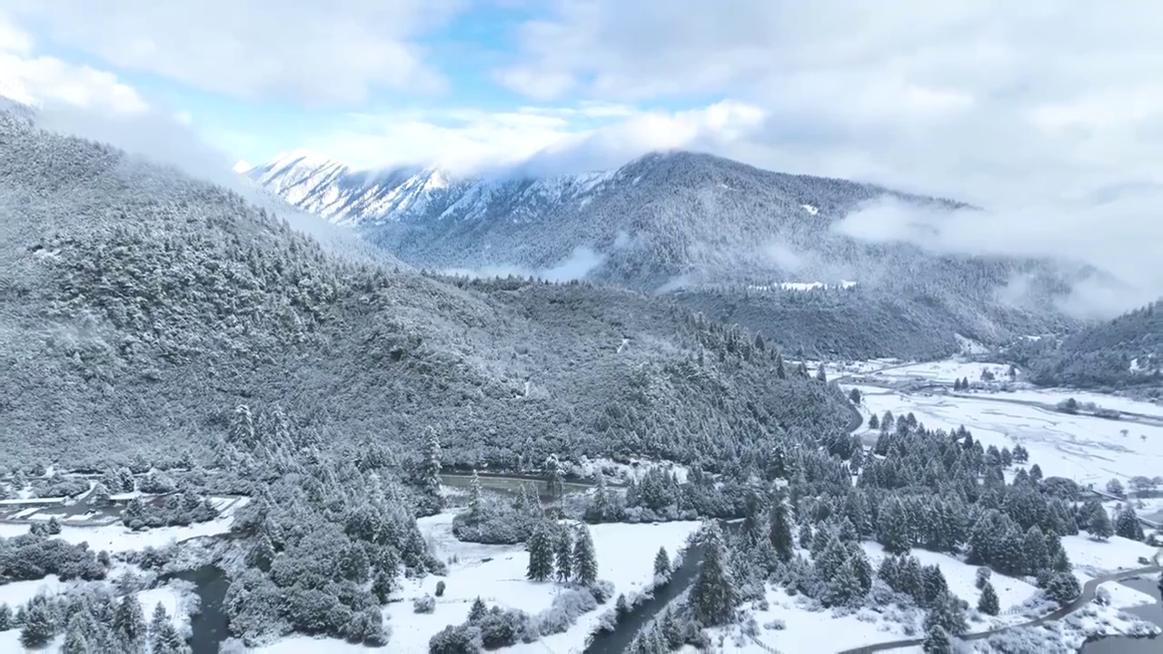 西藏林芝市鲁朗国际小镇林海雪原的雪山和森林航拍风光视频素材