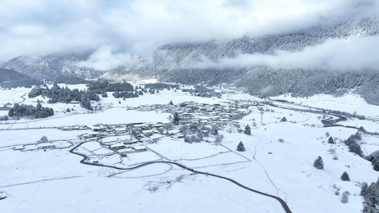 西藏林芝市鲁朗国际小镇林海雪原的乡村田园风光视频素材
