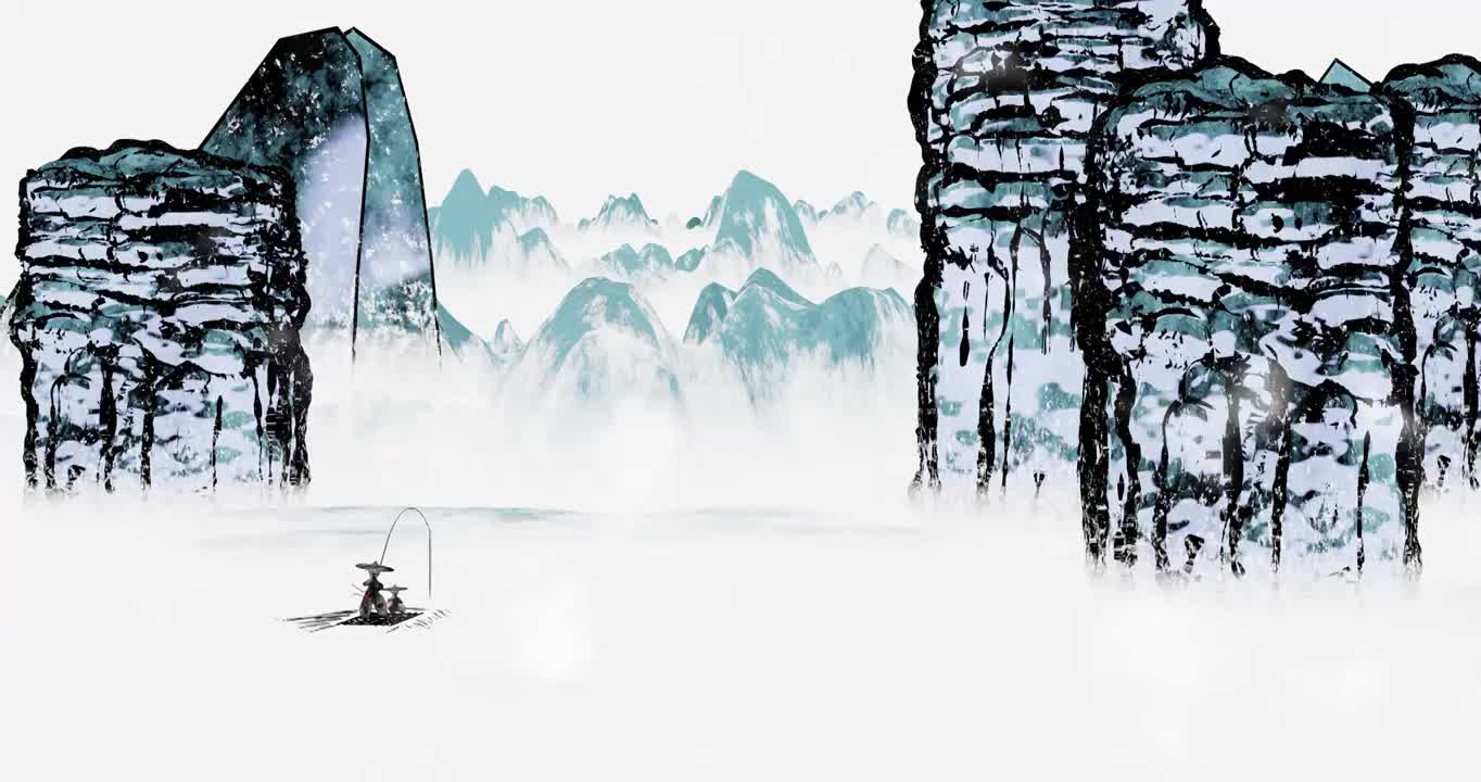 中国风水墨风格山水渔夫渔船钓鱼日出视频素材