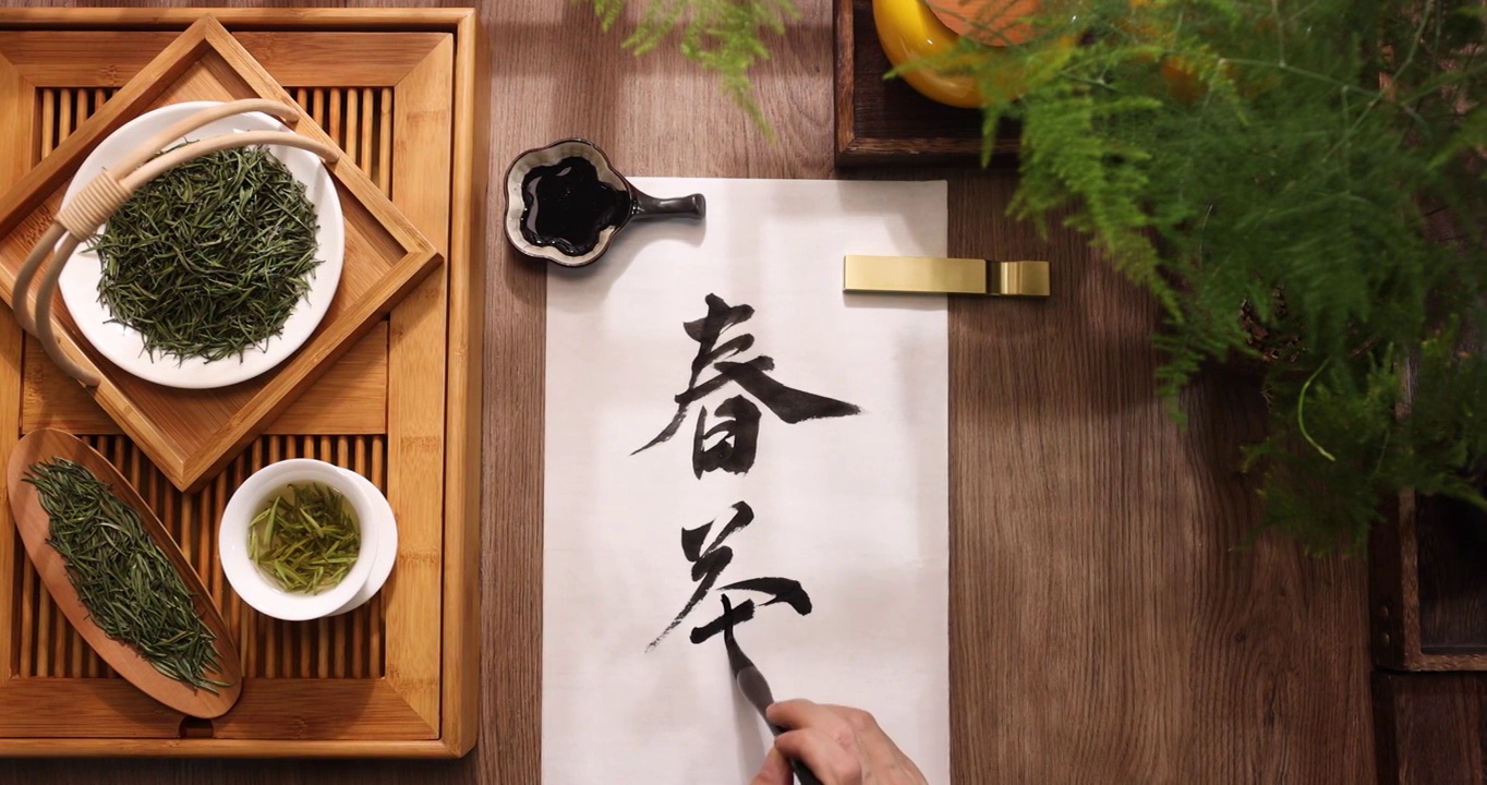 春茶,写毛笔字,茶概念,传统文化视频下载
