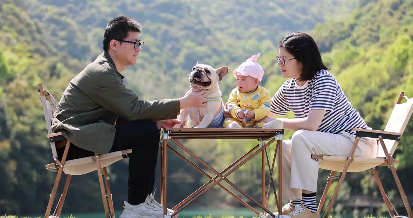 一家三口和宠物狗在户外露营交谈的慢镜头视频素材