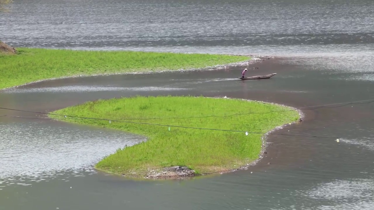 新安江大川岛渔民女子划船过江穿过绿岛视频下载