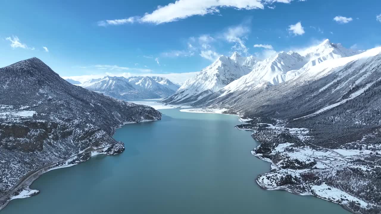 西藏昌都市八宿县然乌湖，雪山，森林的航拍风光视频素材