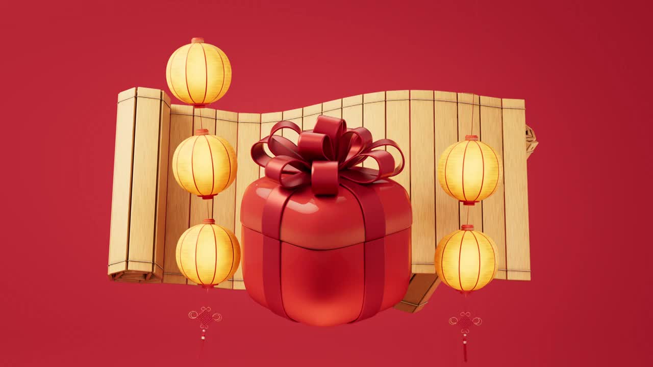 打开的礼物盒与中国风背景3D渲染视频素材