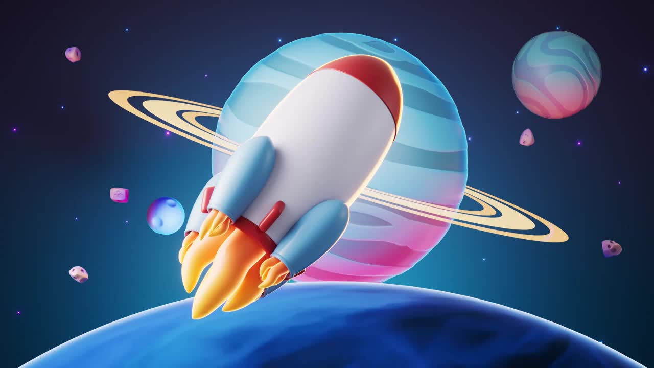 火箭与外太空卡通3D渲染视频素材