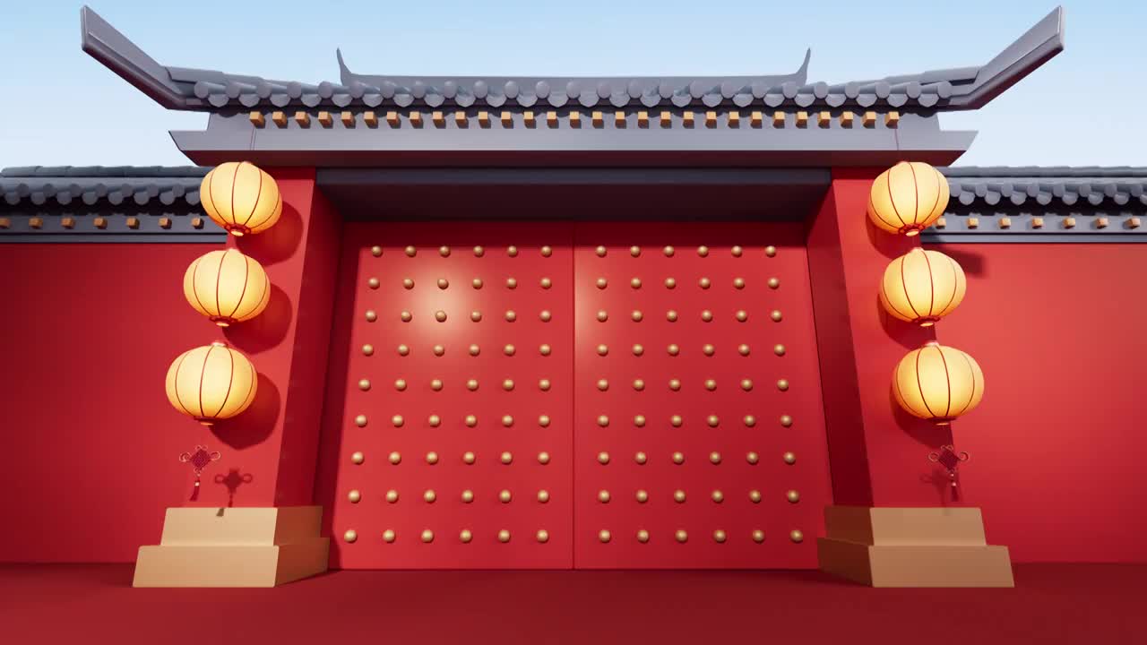 中国风古风大门开门3D渲染视频下载