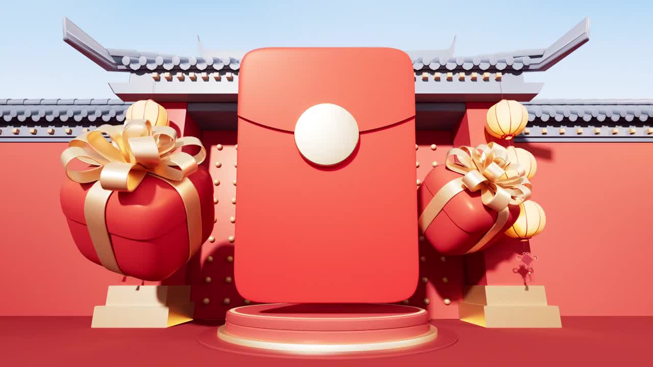 红包与中国风古风背景3D渲染视频下载