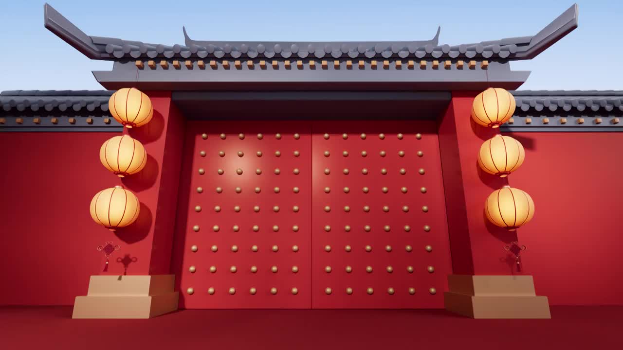 中国风大门开门门后带透明通道3D渲染视频下载