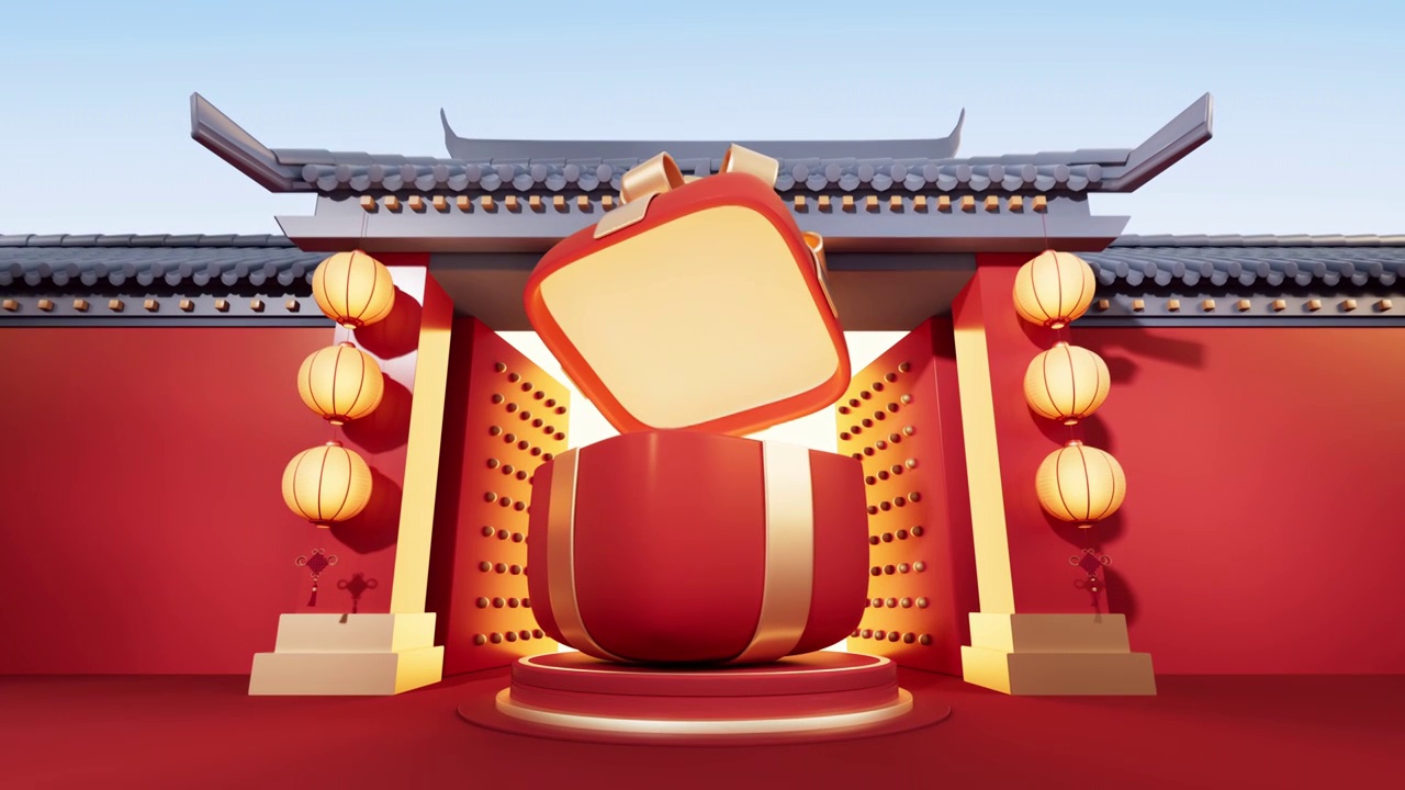 中国风古风建筑与礼物盒3D渲染视频购买