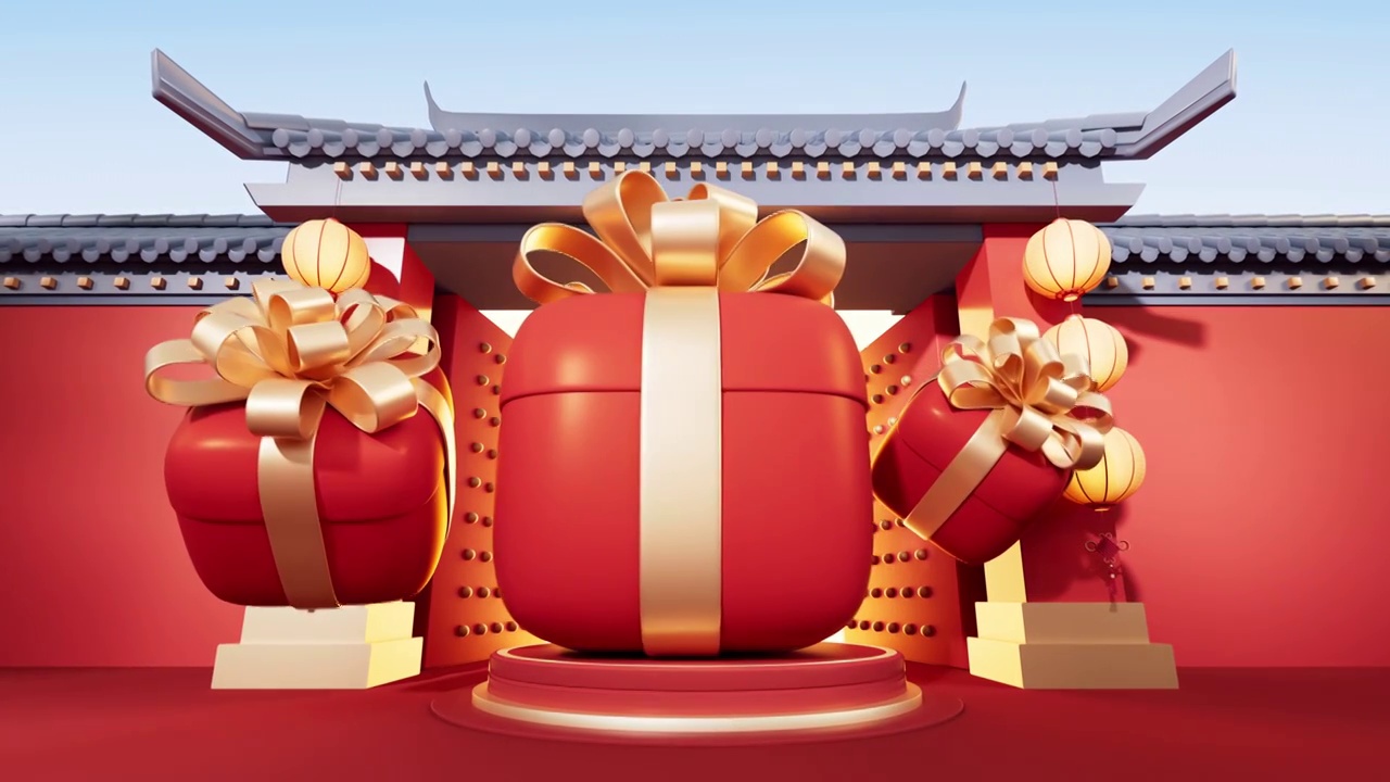 中国风古风建筑与礼物盒3D渲染视频下载